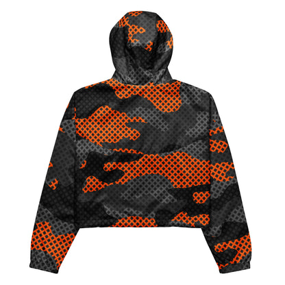 Cropped Windbreaker For Women | Black & Orange Pixel Camouflage