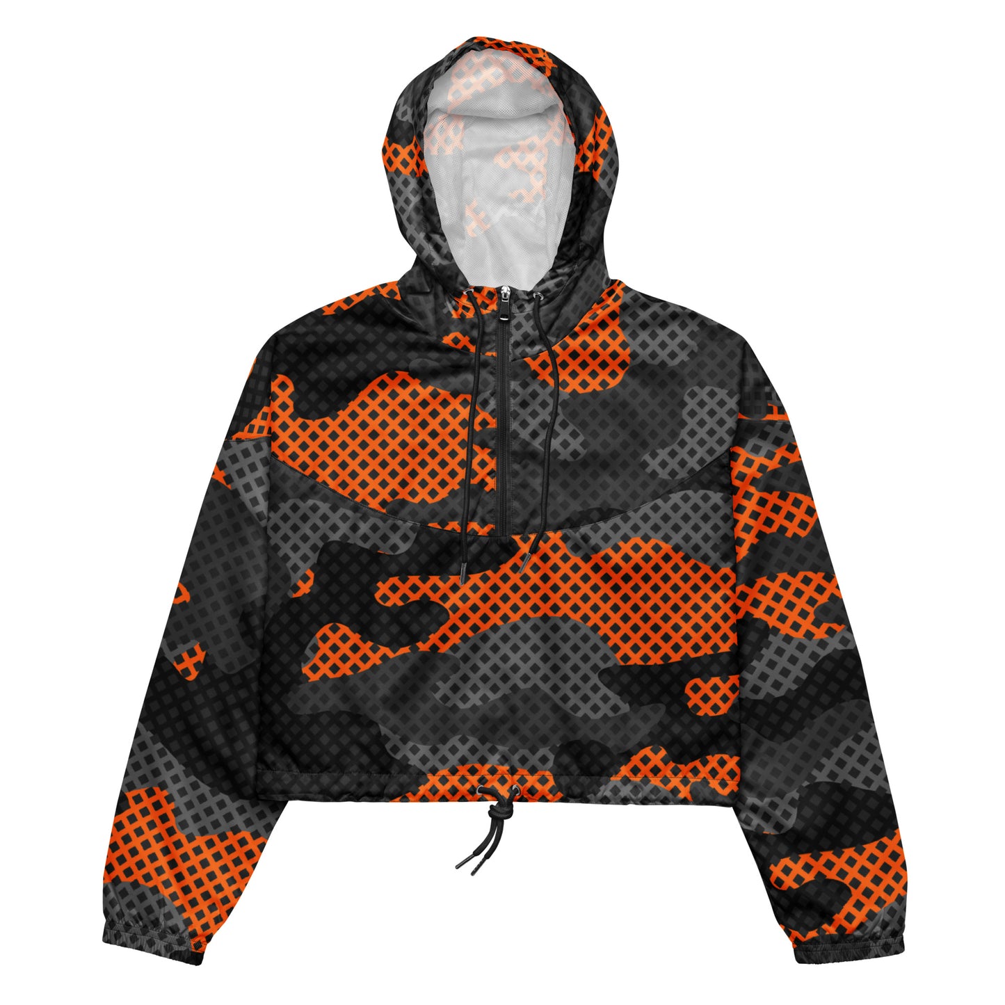 Cropped Windbreaker For Women | Black & Orange Pixel Camouflage