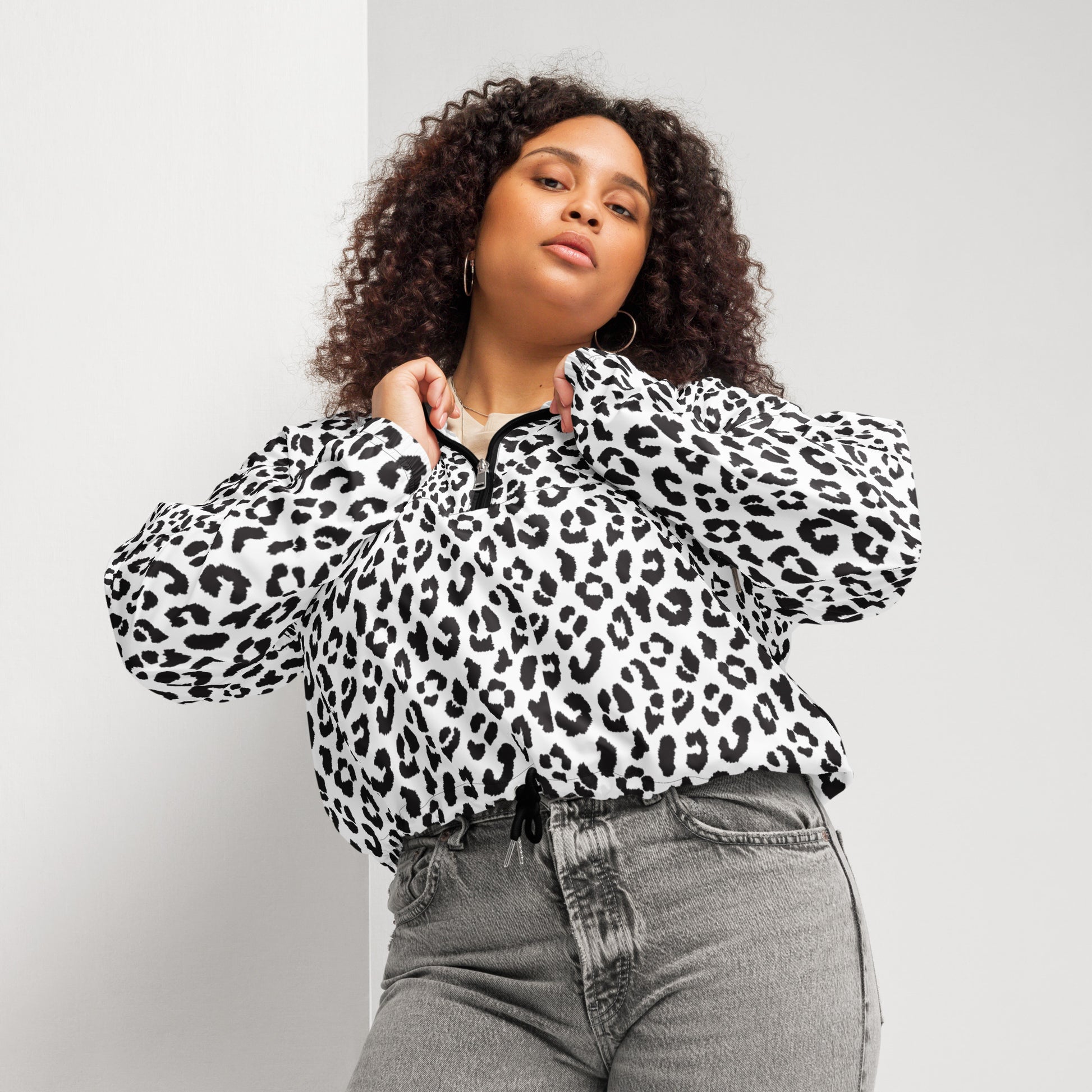 Women's Windbreaker | Black and White Leopard Pattern