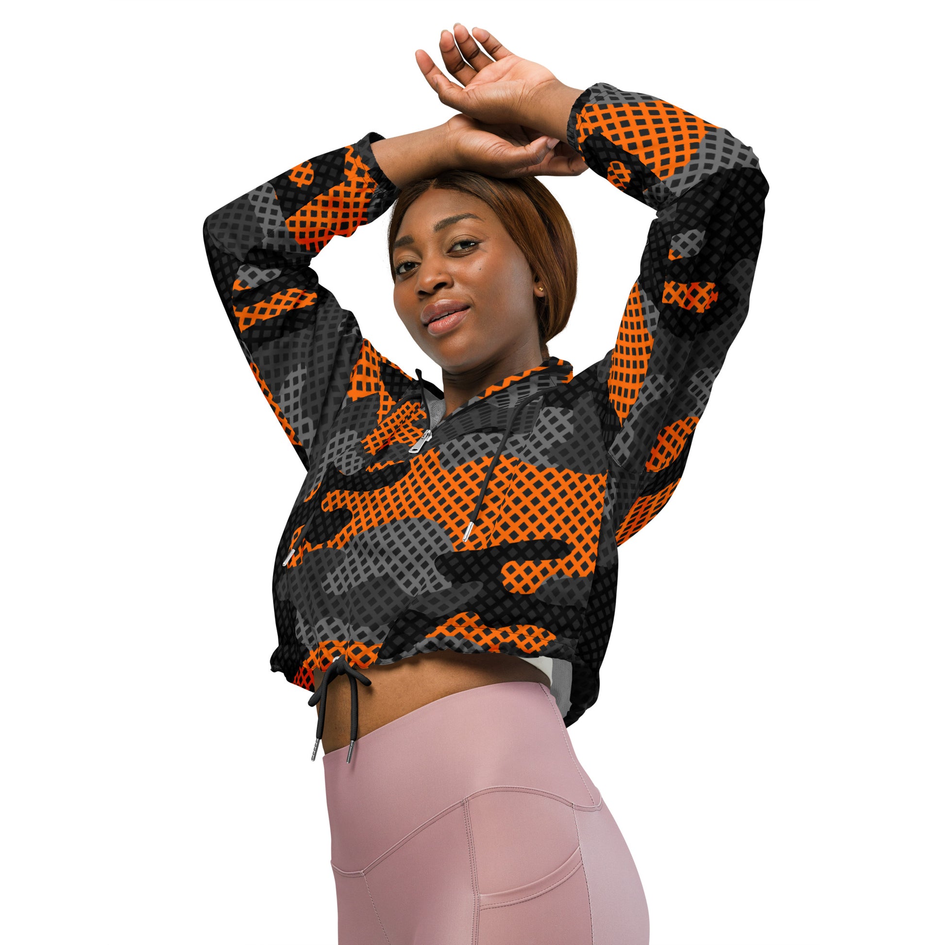 Cropped Windbreaker For Women | Black & Orange Pixel Camouflage