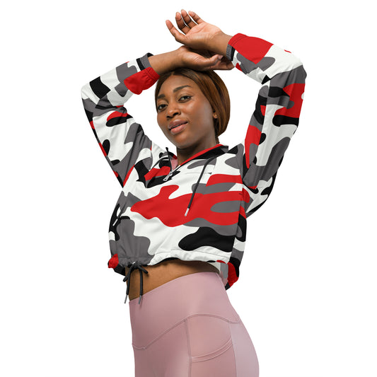 Cropped Windbreaker For Women | Red, Black & White Camouflage