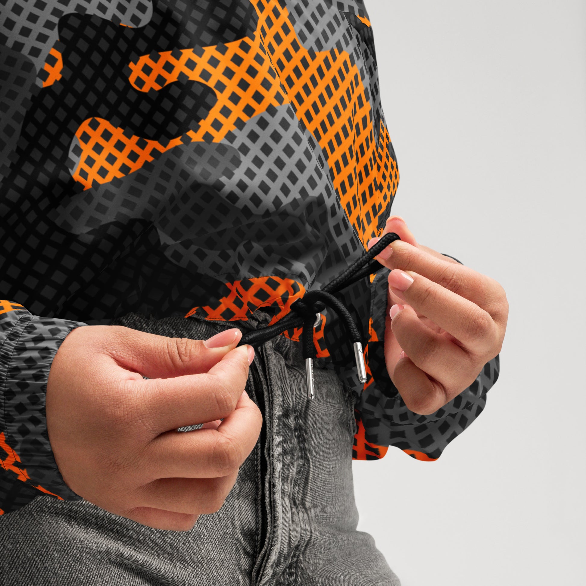 Cropped Windbreaker For Women | Black & Orange Pixel Camouflage