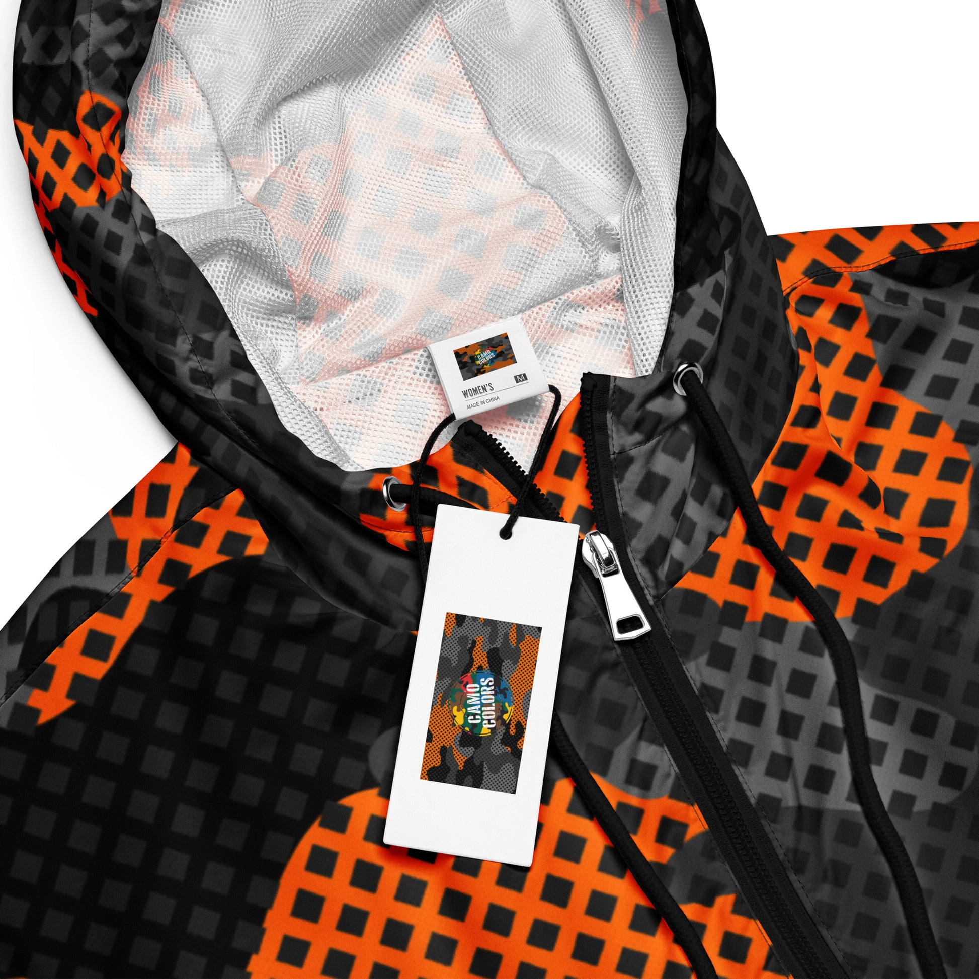 Cropped Windbreaker For Women | Black & Orange Pixel Camouflage