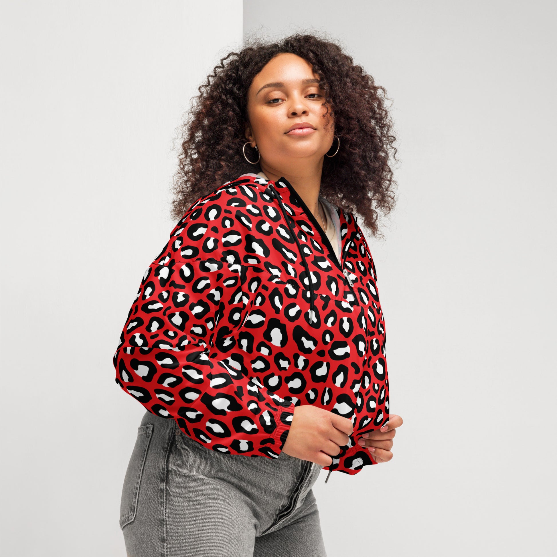 Women's Windbreaker | Red, Black and White Leopard Pattern