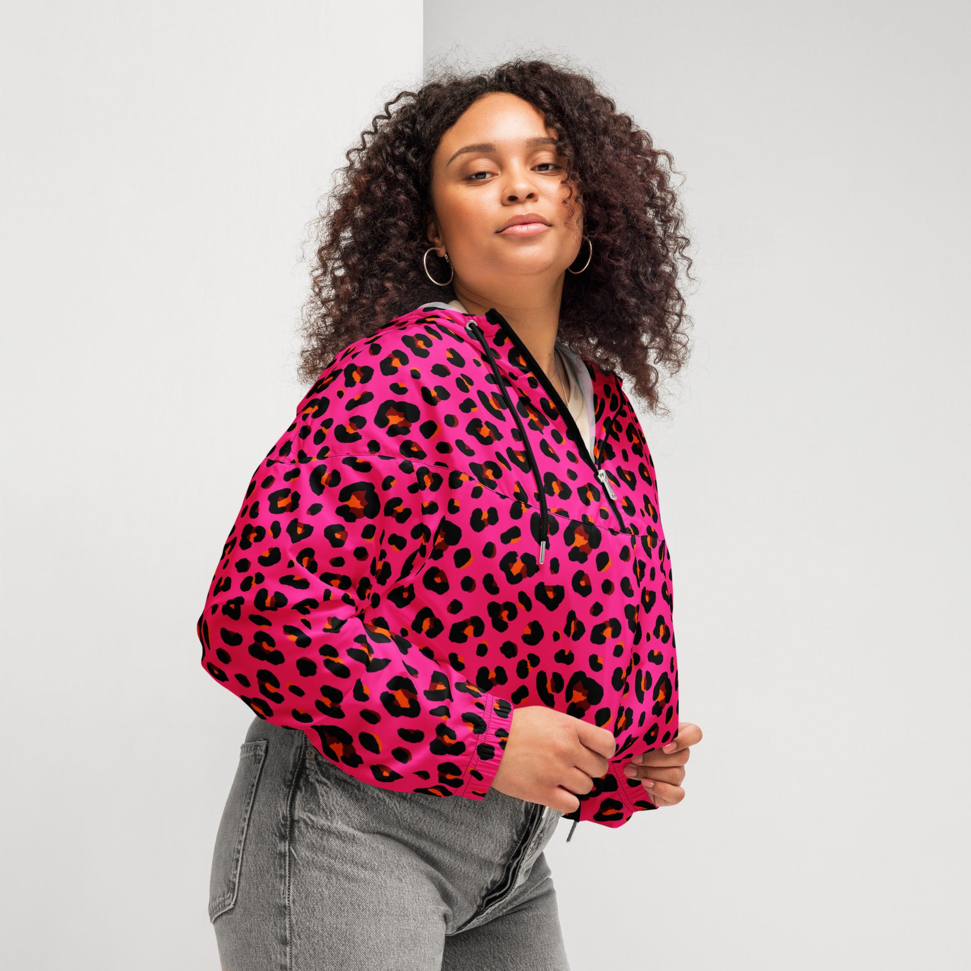 Women's Windbreaker | Cerise Pink, Orange and Black Leopard