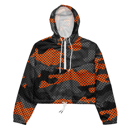 Cropped Windbreaker For Women | Black & Orange Pixel Camouflage