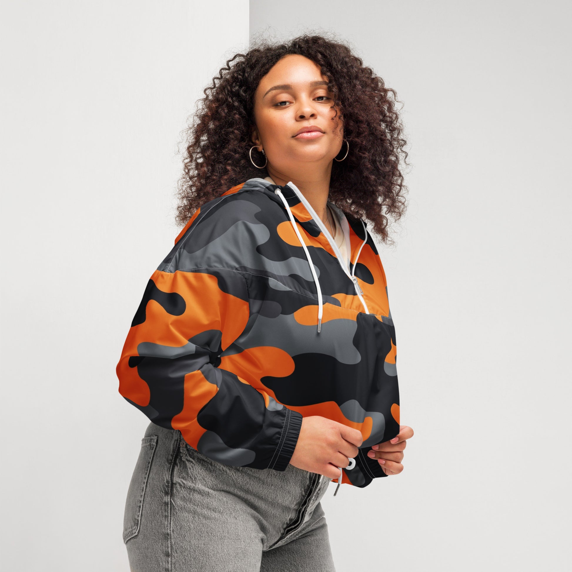 Cropped Windbreaker For Women | Orange, Gray & Black Camouflage