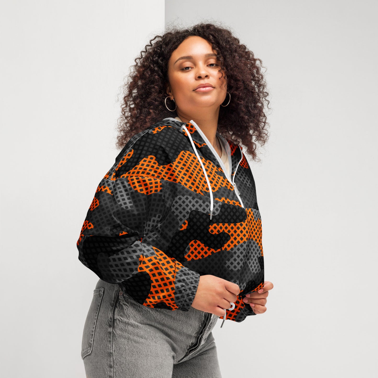 Cropped Windbreaker For Women | Black & Orange Pixel Camouflage