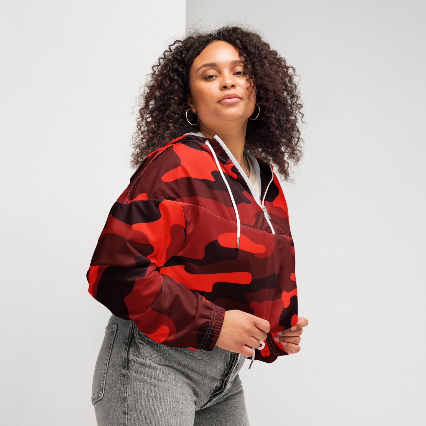 Cropped Windbreaker For Women | Scarlet Red & Black Camouflage