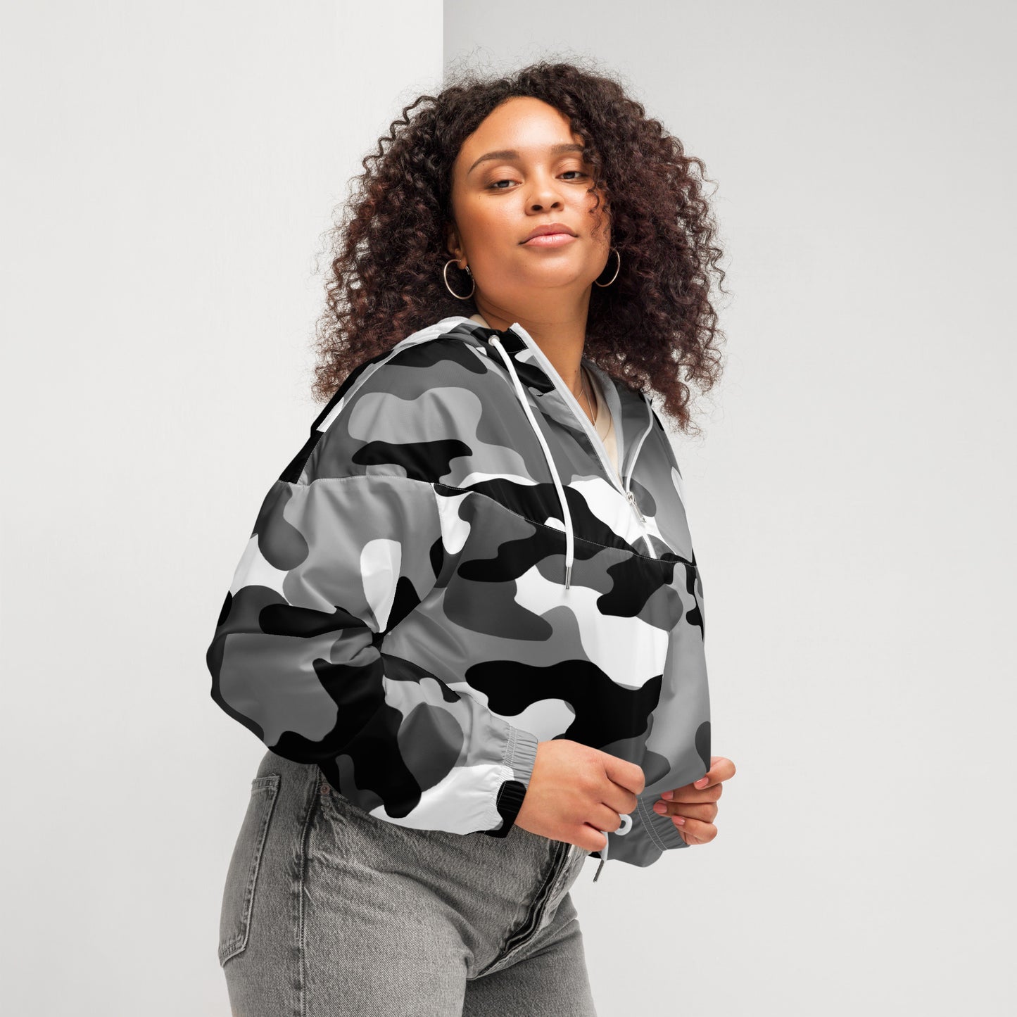 Cropped Windbreaker For Women | Black, White & Gray Camouflage