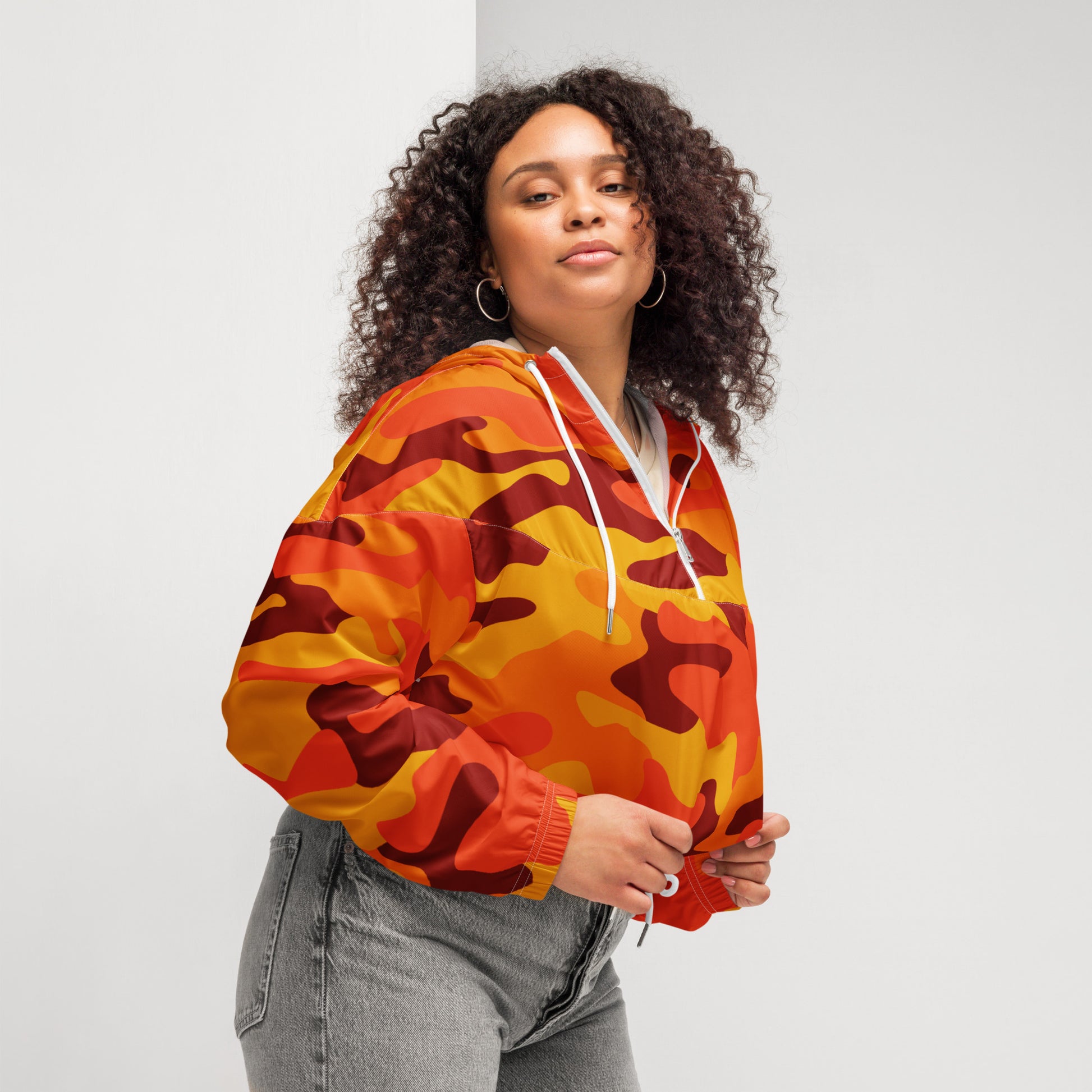 Cropped Windbreaker For Women | Orange & Red Camouflage