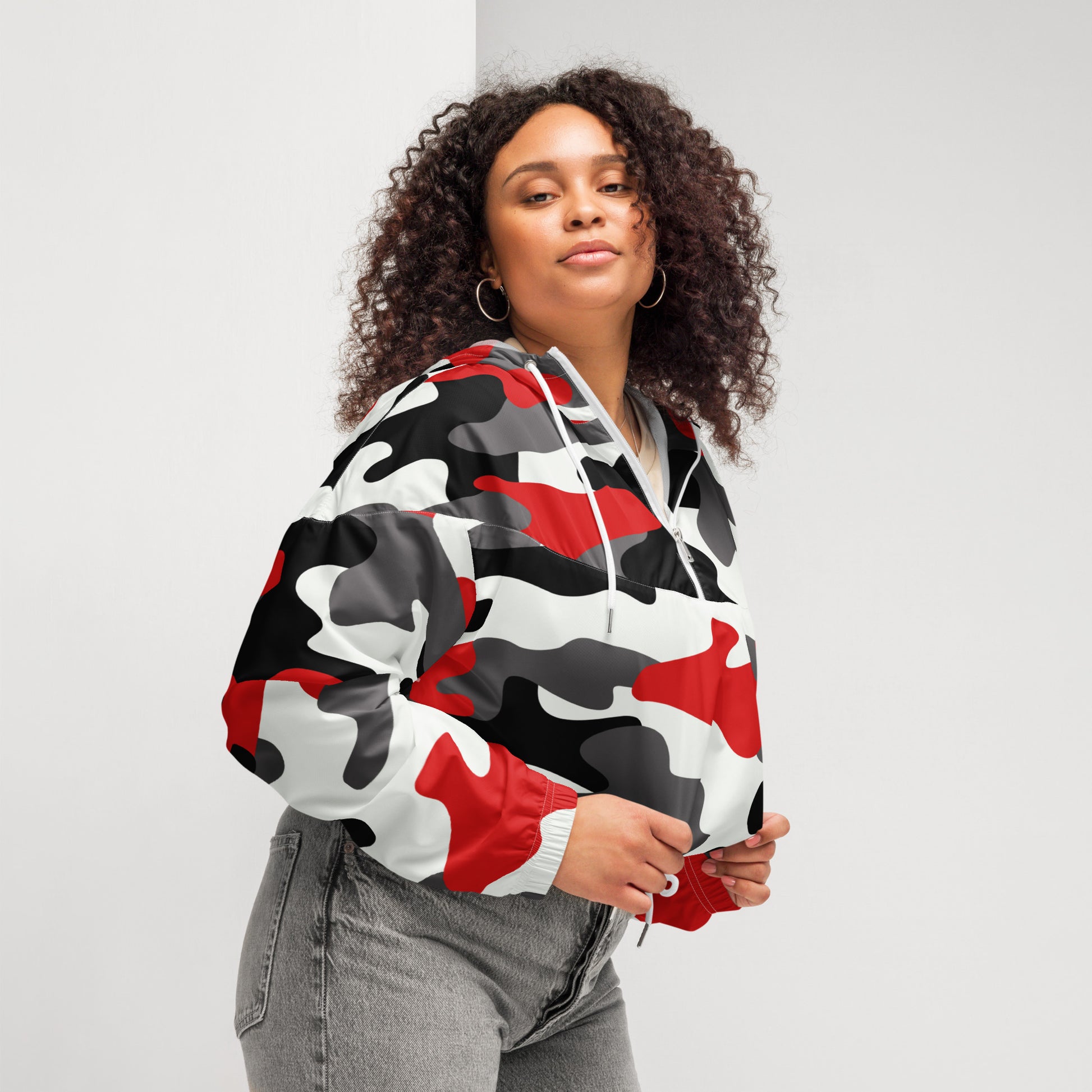 Cropped Windbreaker For Women | Red, Black & White Camouflage