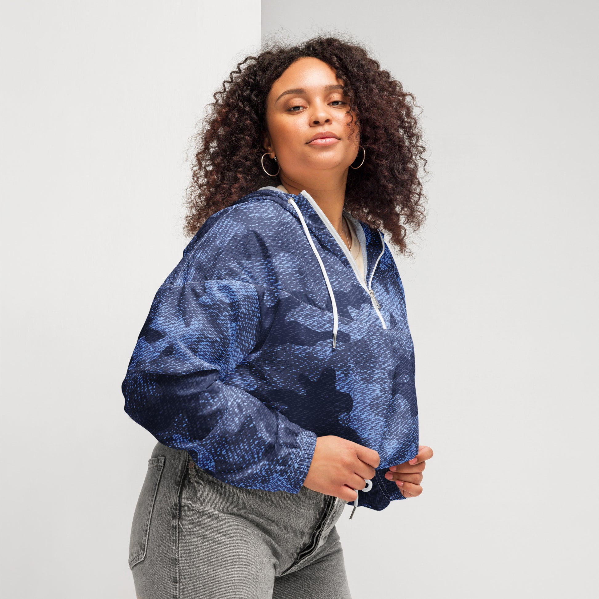 Cropped Windbreaker For Women | Denim Blue Camouflage