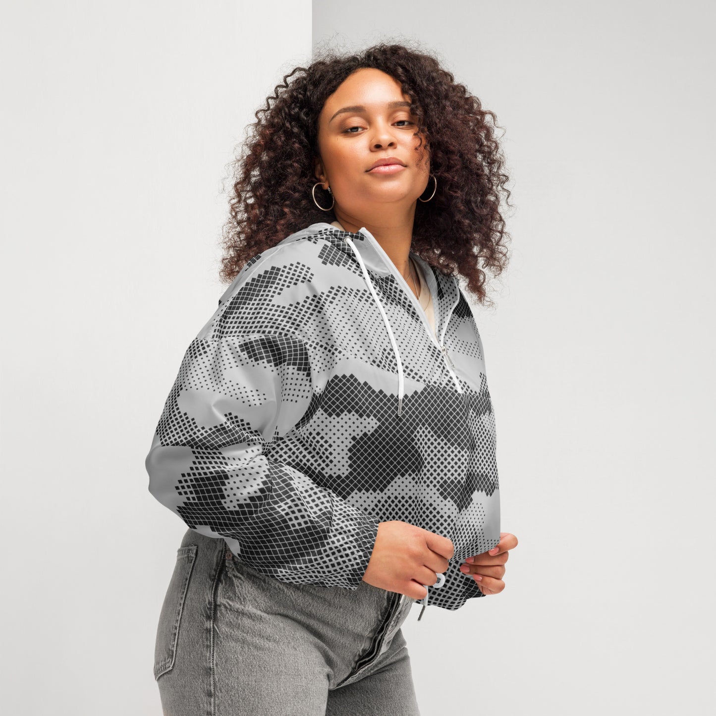 Cropped Windbreaker For Women | Black & White Camouflage