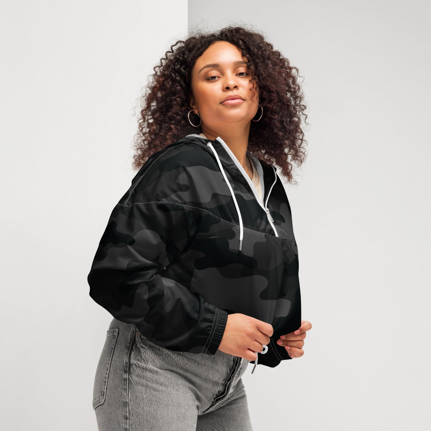 Cropped Windbreaker For Women | Black Camouflage