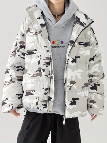 Camo Print Puffer Jacket for Men | Loose Fit, Letter Pattern