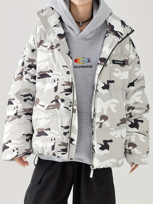 Camo Print Puffer Jacket for Men | Loose Fit, Letter Pattern