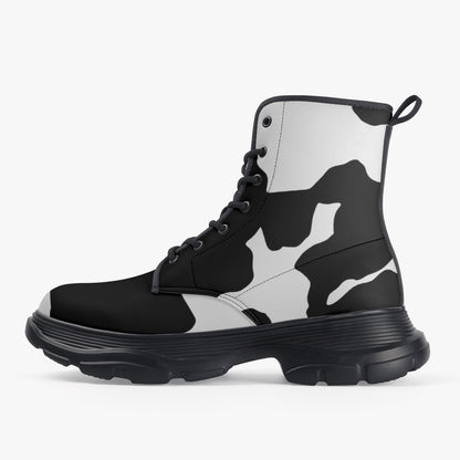 Chunky Boots | Leather in Black & White Cow Print Camouflage