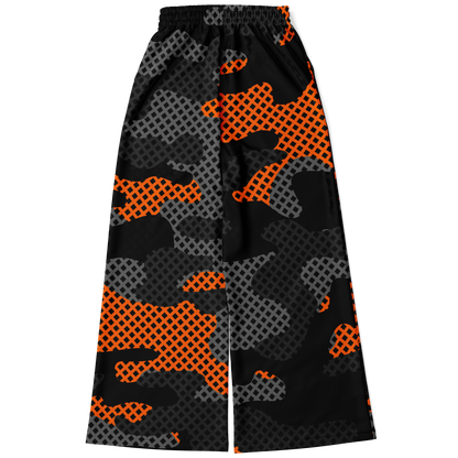 Camo Wide Leg Pants For Women | Black & Orange Pixel Pattern