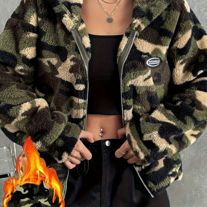 Women's Camo Print Zip-up Fluffy Jacket: Hooded, Fall/Winter