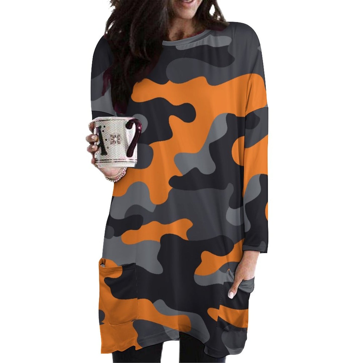 Camo Shirt | Loose Fit Long Sleeves | Orange, Black, and Gray