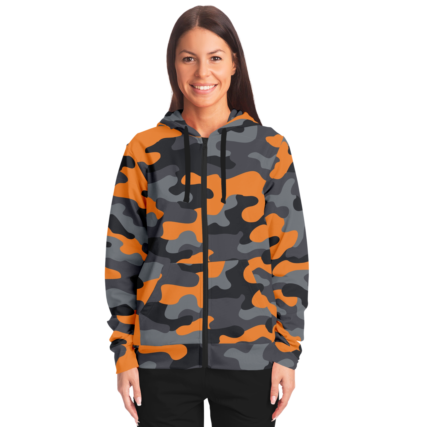 Zip-Up Hoodie | Orange, Black, and Gray Camouflage