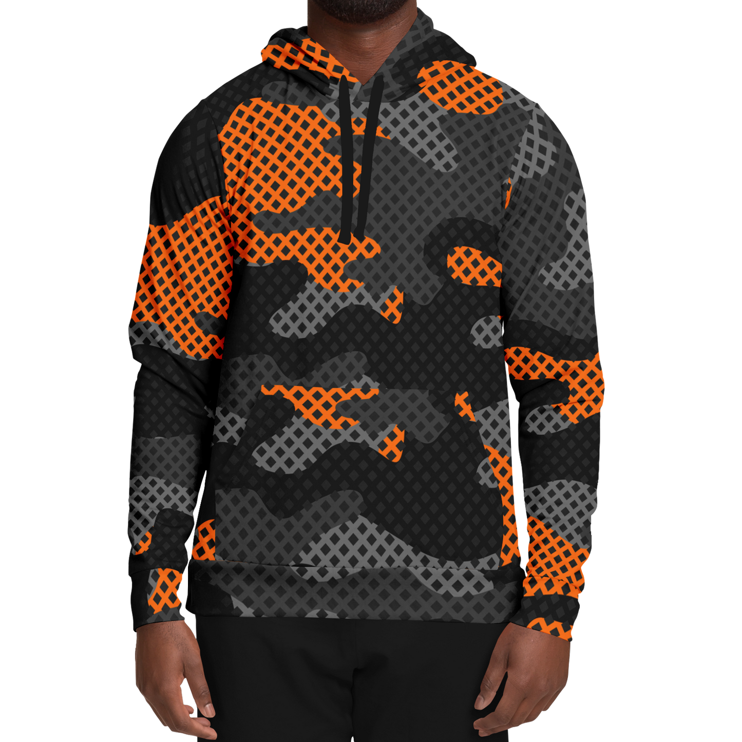 Camo Hoodie | Black & Orange Pixel Camouflage Pullover