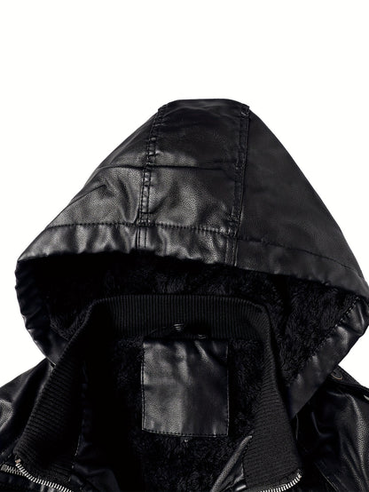 Faux Leather Hooded Jacket | Men's Zippered Motorcycle Coat