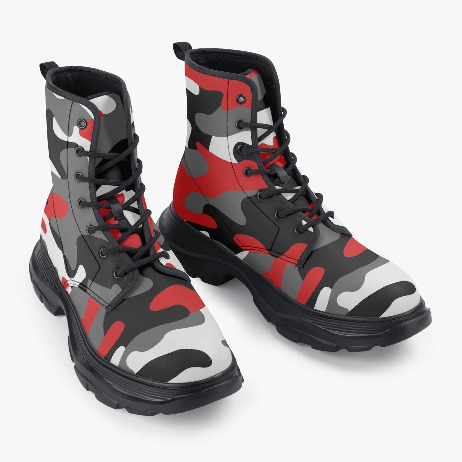 Chunky Boots | Leather in Red, Black, & White Camouflage