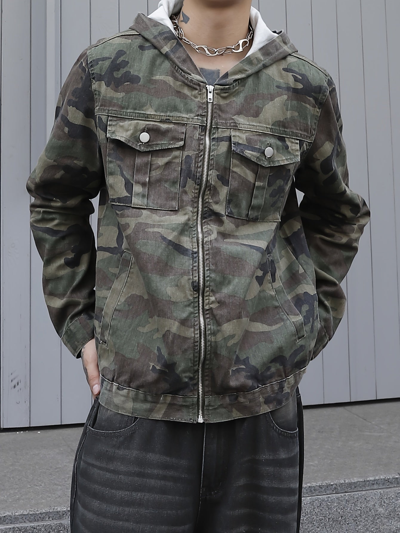 Men's Camo Denim Jacket: Hooded, Zip-Up, Regular Fit with Pockets