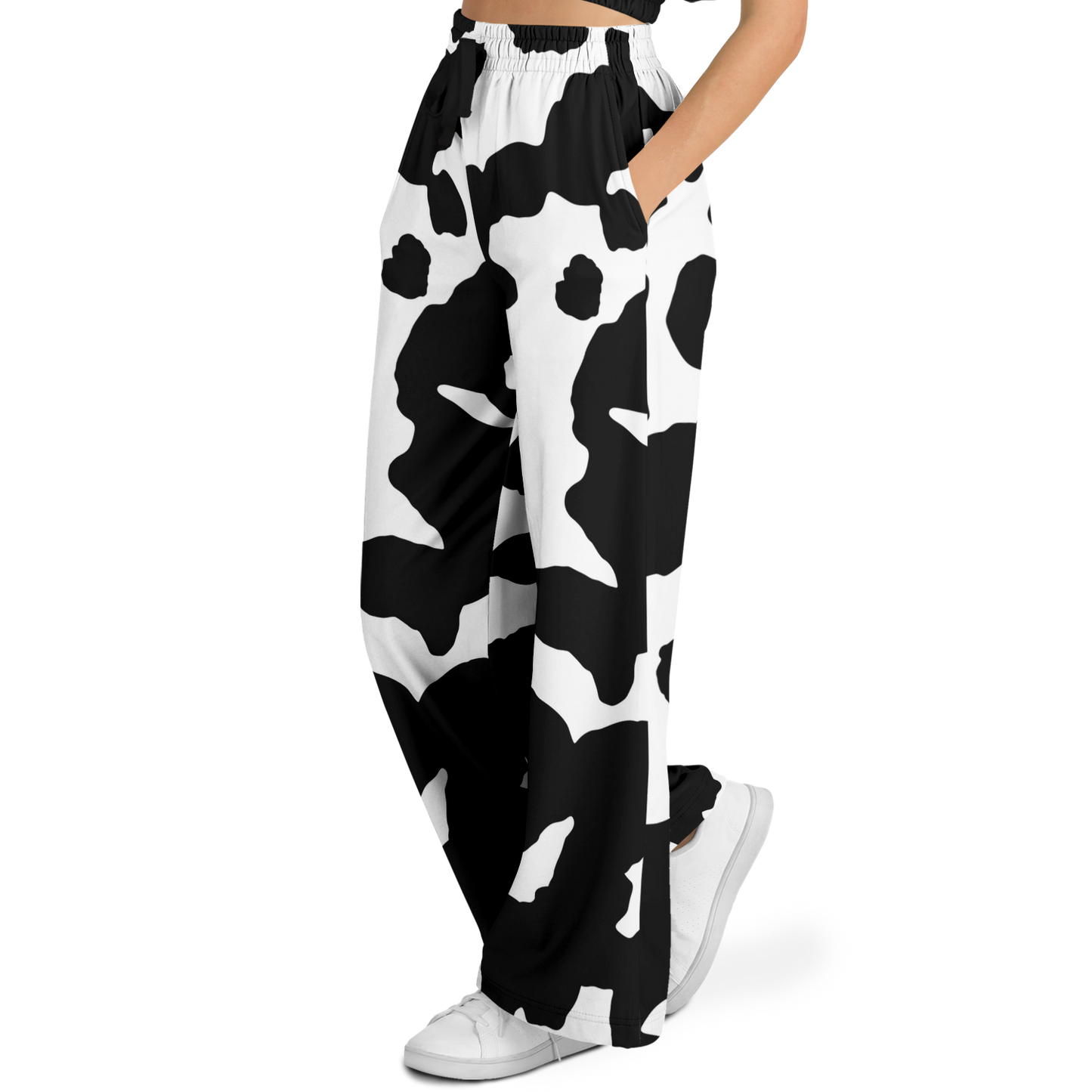 Camo Wide Leg Pants | Black & White Cow Camouflage