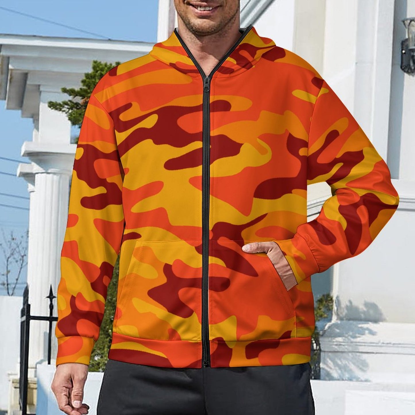 Zip up Camo Hoodie | Orange & Red Camouflage