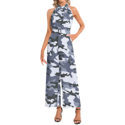 Camo Jumpsuit | Belted Halter Neck | Light Blue Camouflage