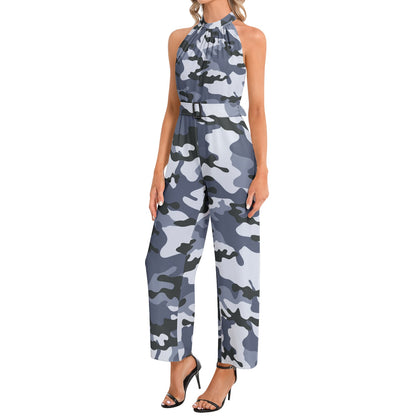 Camo Jumpsuit | Belted Halter Neck | Light Blue Camouflage