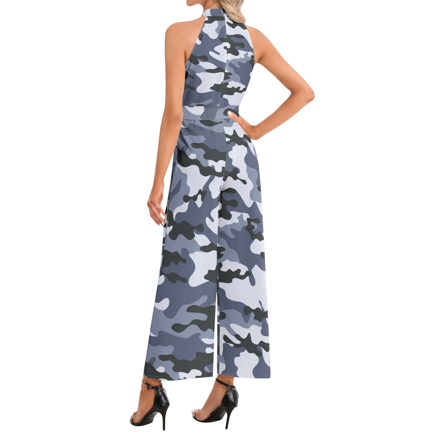 Camo Jumpsuit | Belted Halter Neck | Light Blue Camouflage