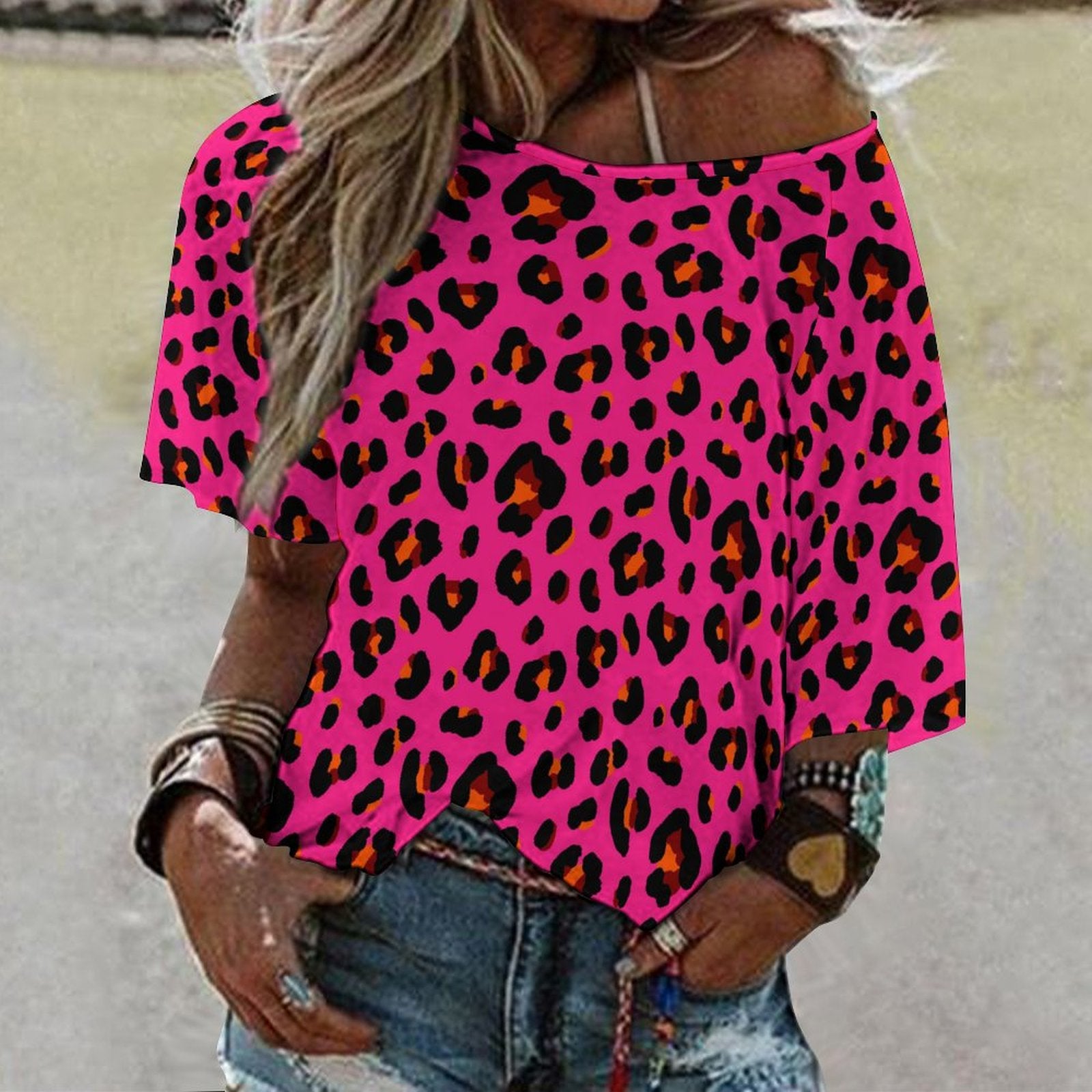 Off The Shoulder Top | Cerise Pink, Orange and Black Leopard Print