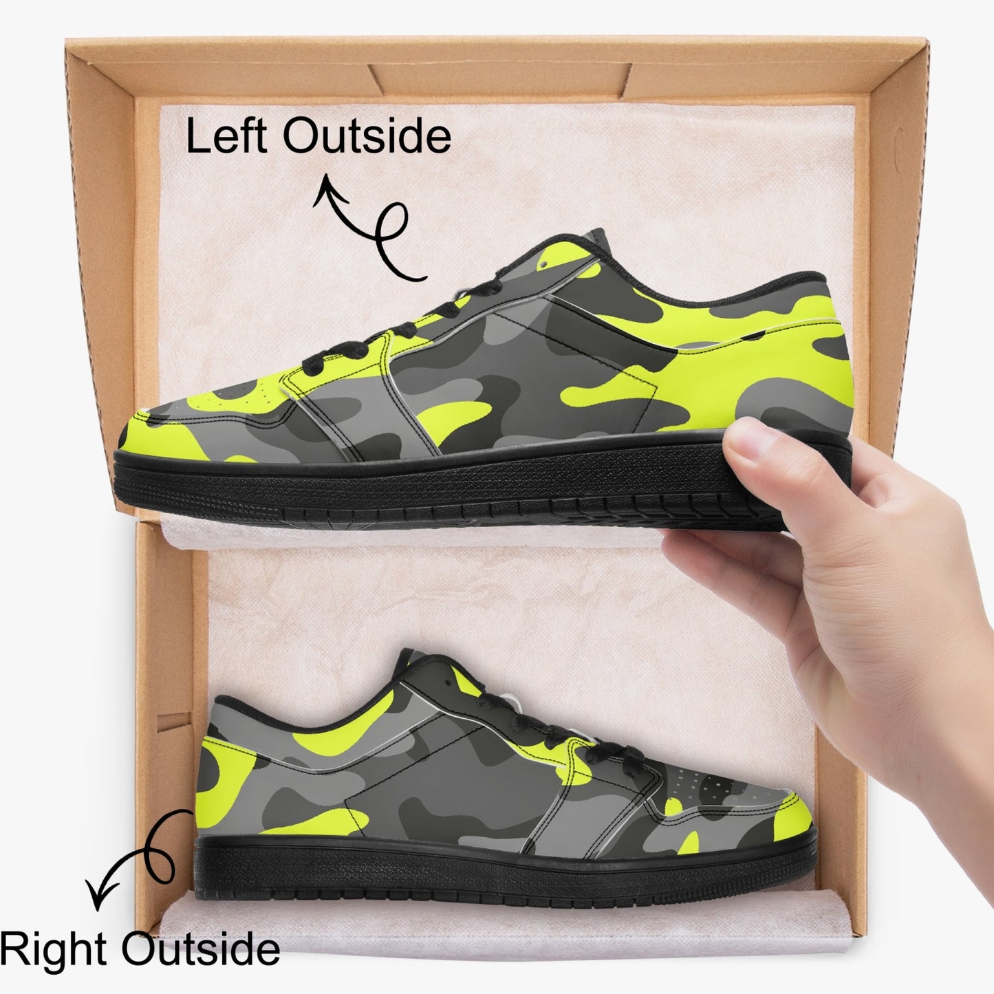 Camo Sneakers | Black Yellow Low-Top Leather Camouflage Shoes