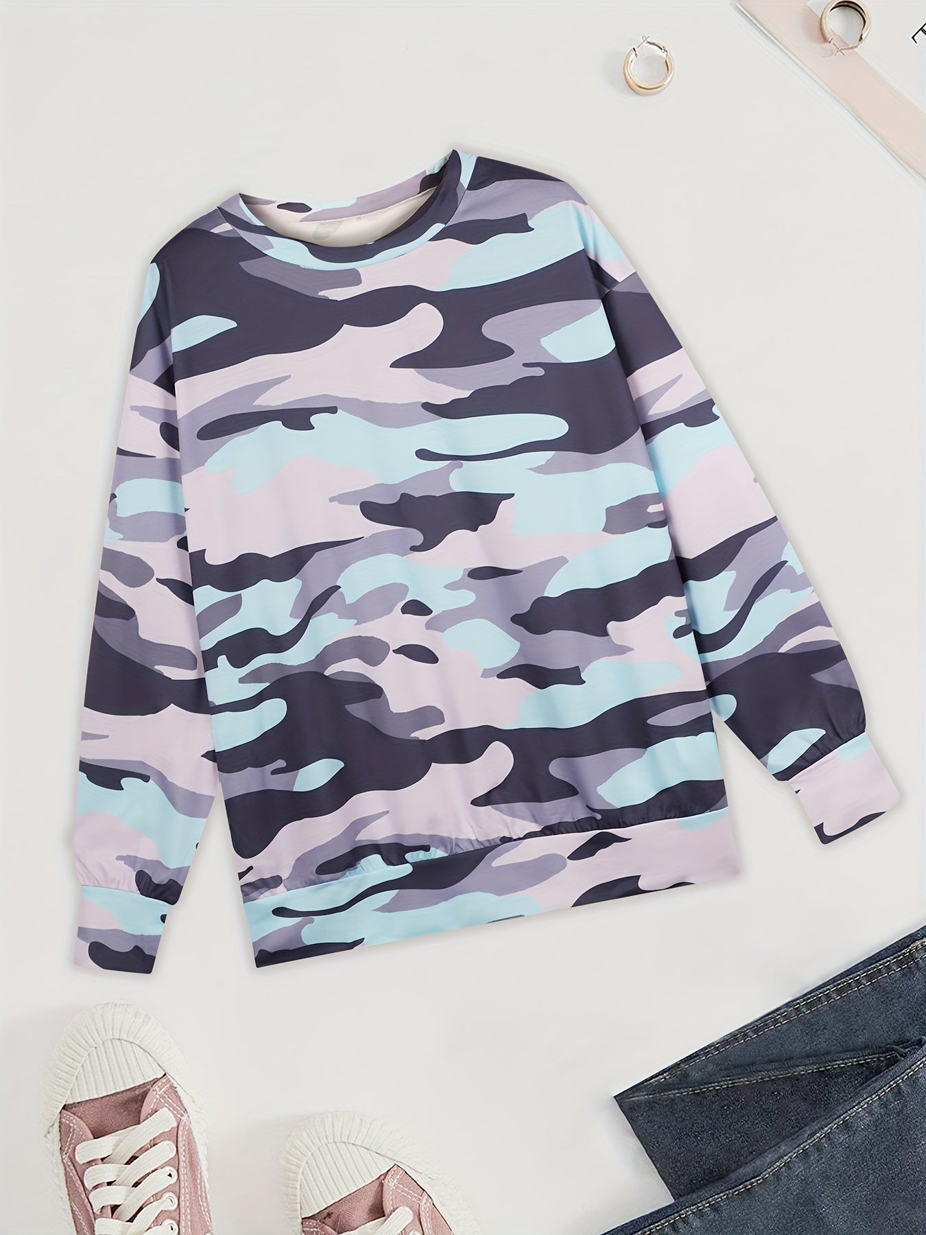 Camo Crew Neck Sweatshirt for Women | Long Sleeves