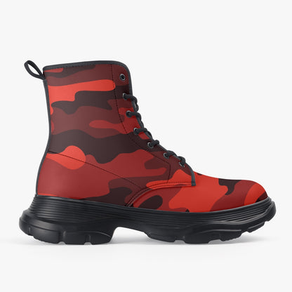 Chunky Boots | Leather in Scarlet Red & Black Camouflage