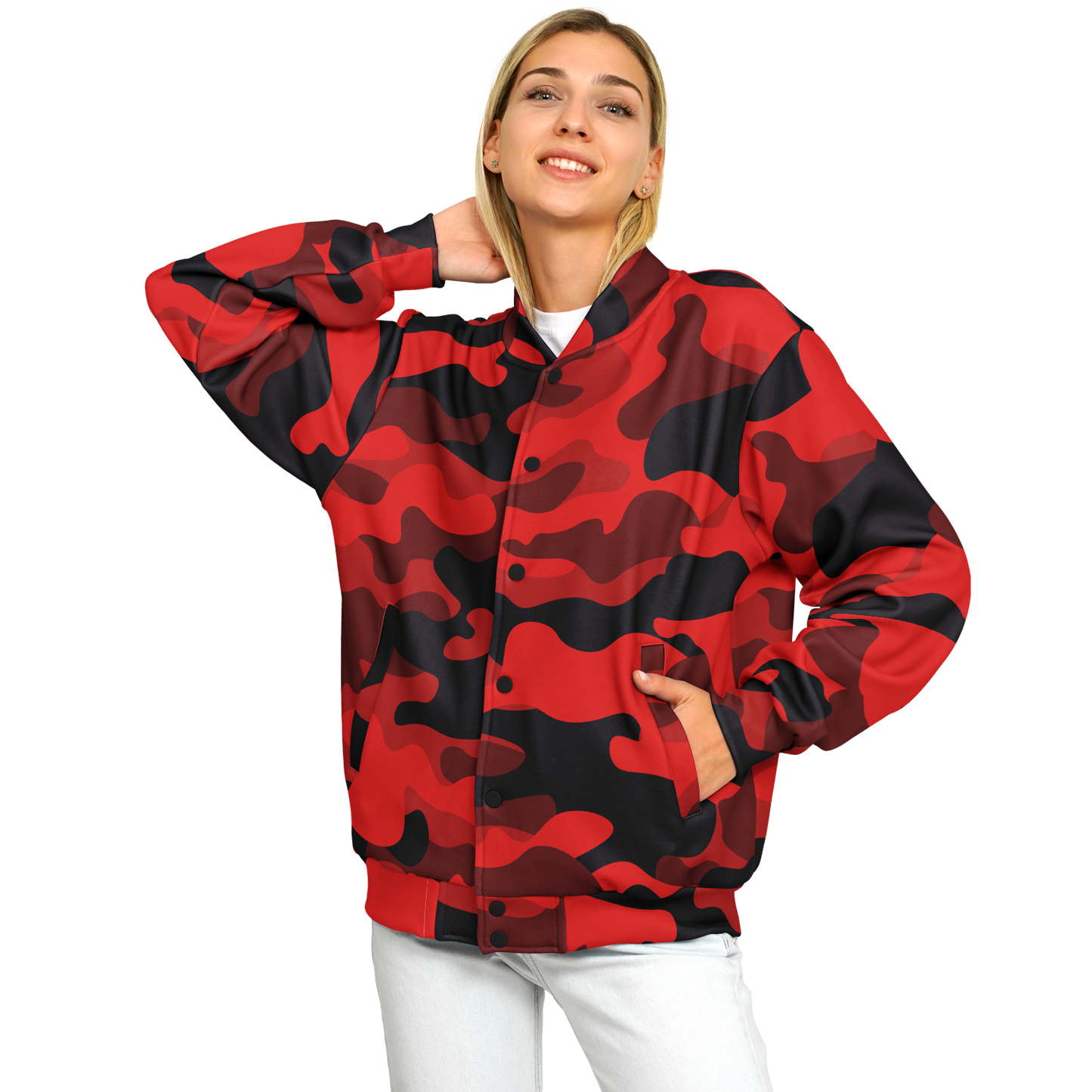 Red Camo Baseball Jacket | Unisex, Premium, Heavyweight Coat