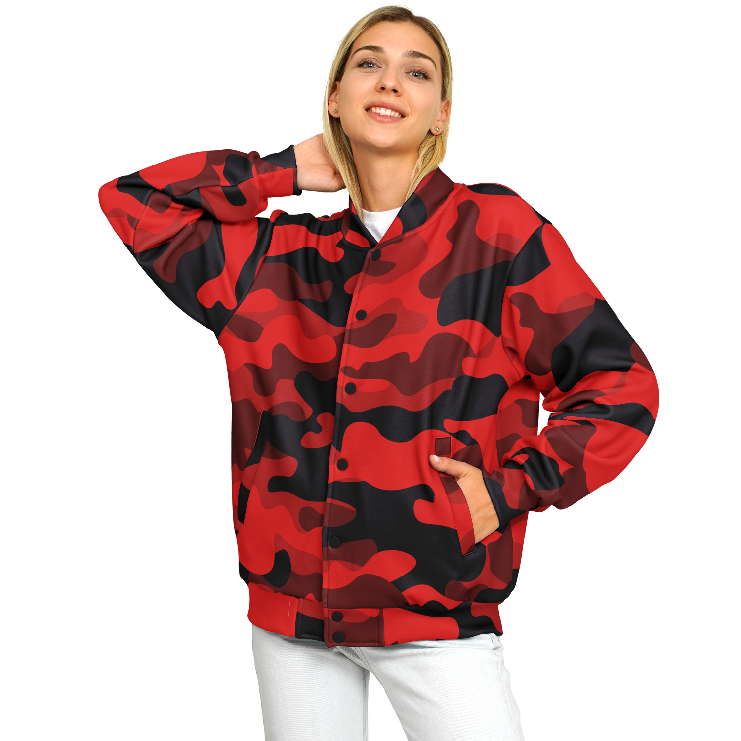 Red Camo Baseball Jacket | Unisex, Premium, Heavyweight Coat