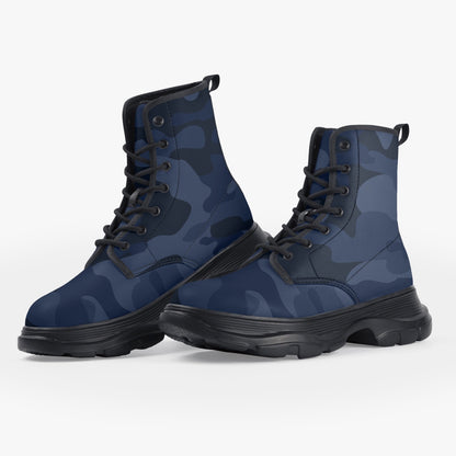 Chunky Boots | Leather in Deep Blue Camouflage