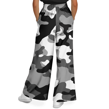 Camo Wide Leg Pants | Black, White & Gray Camouflage