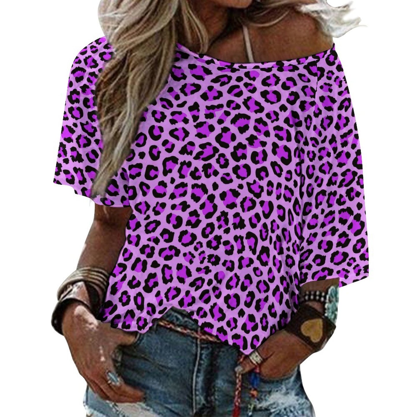 Off The Shoulder Top | Purple, Blue and Black Leopard Print