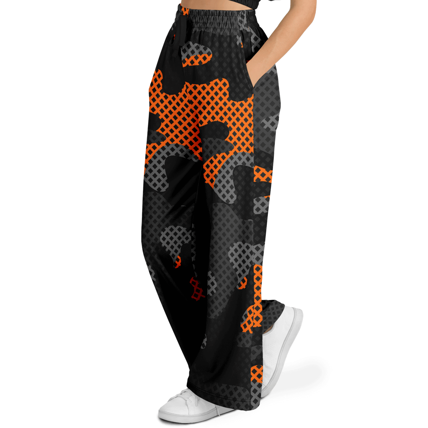 Camo Wide Leg Pants For Women | Black & Orange Pixel Pattern