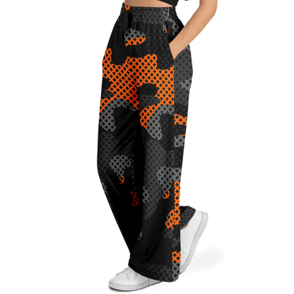 Camo Wide Leg Pants For Women | Black & Orange Pixel Pattern