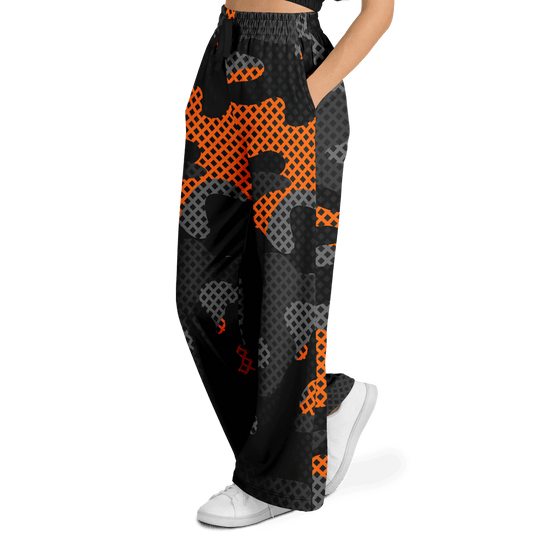 Camo Wide Leg Pants For Women | Black & Orange Pixel Pattern