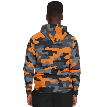 Zip-Up Hoodie | Orange, Black, and Gray Camouflage