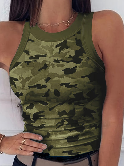 Camouflage Print Tank Top, Y2K Sleeveless Crew Neck Tank Top