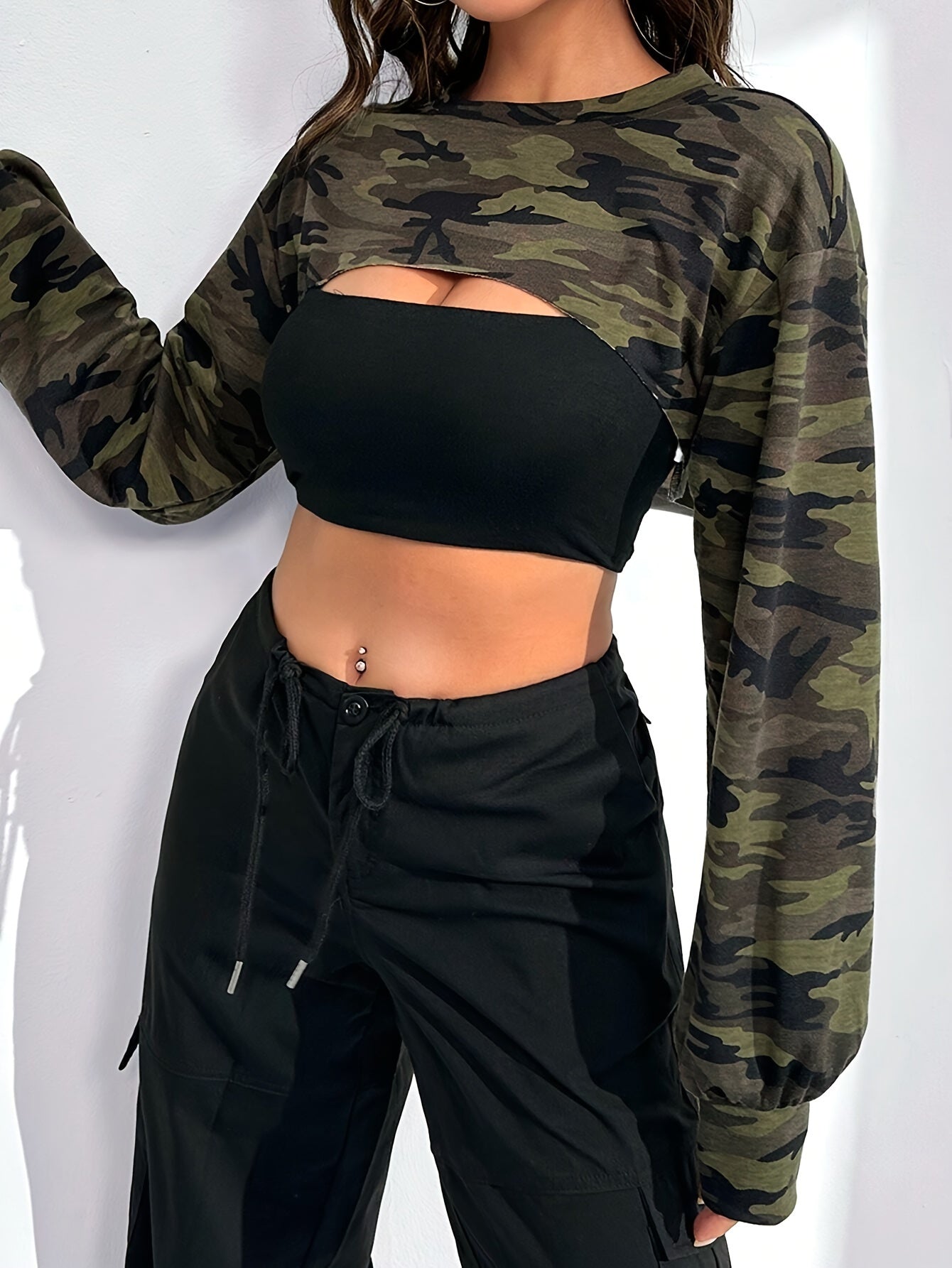 Women's Camo Pullover | Irregular Drop Shoulder Blouse Long-Sleeved T-Shirt